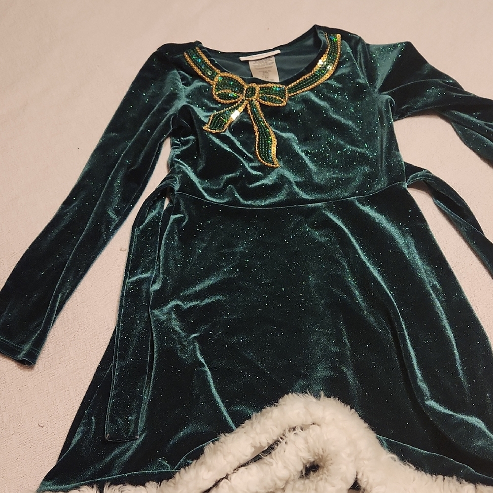Bonnie Jean Green Velvet Dress with Gold Accents